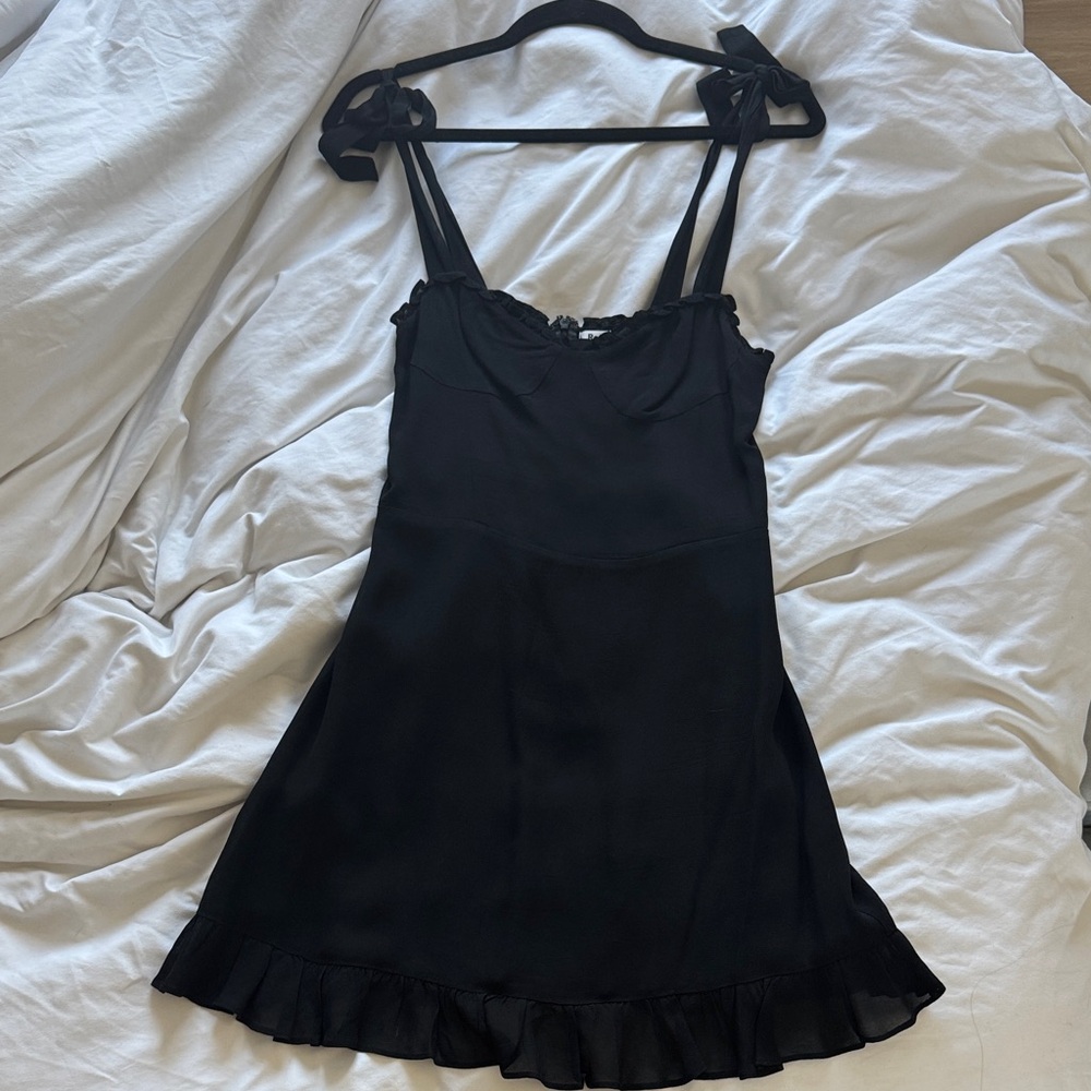 Reformation Black Satin Tie-Shoulder Slip Dress with Ruffle Hem
